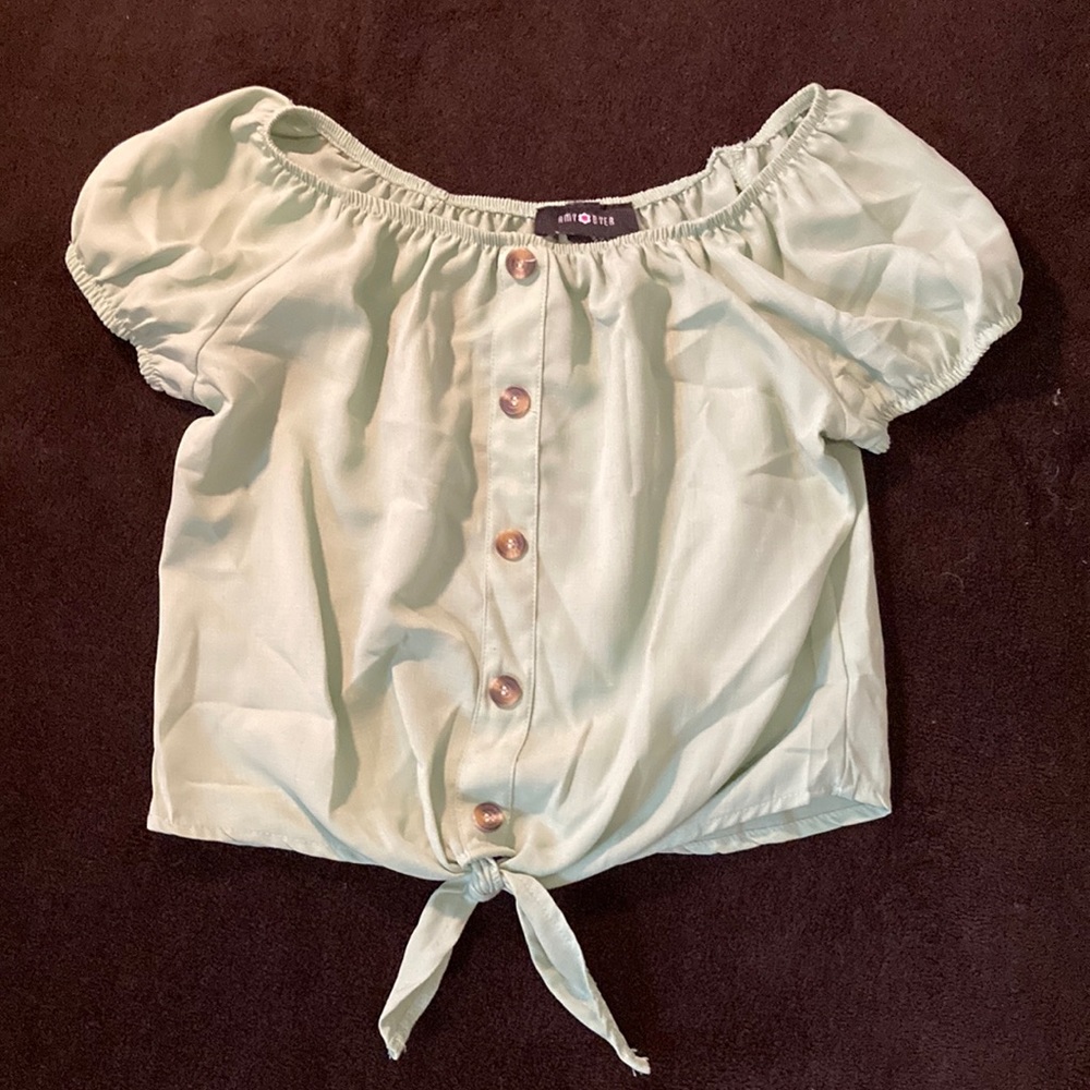 Amy Byer green tie shirt with brown buttons, girls shirt size M (10-12)